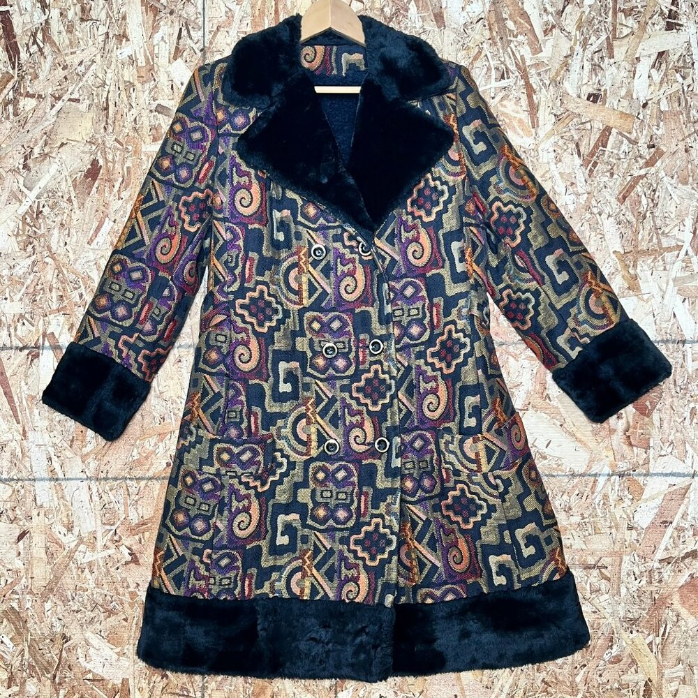 Vintage Tapestry Coat w/ Faux Fur Trim | 1960s–70s